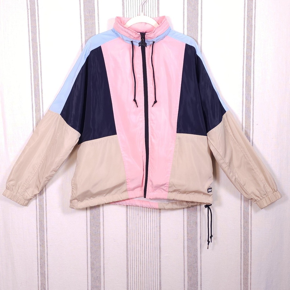 TSNMI Jacket Mens Large Pink Blue Colorblock‎ Windbreaker Hooded Zip Polyester
